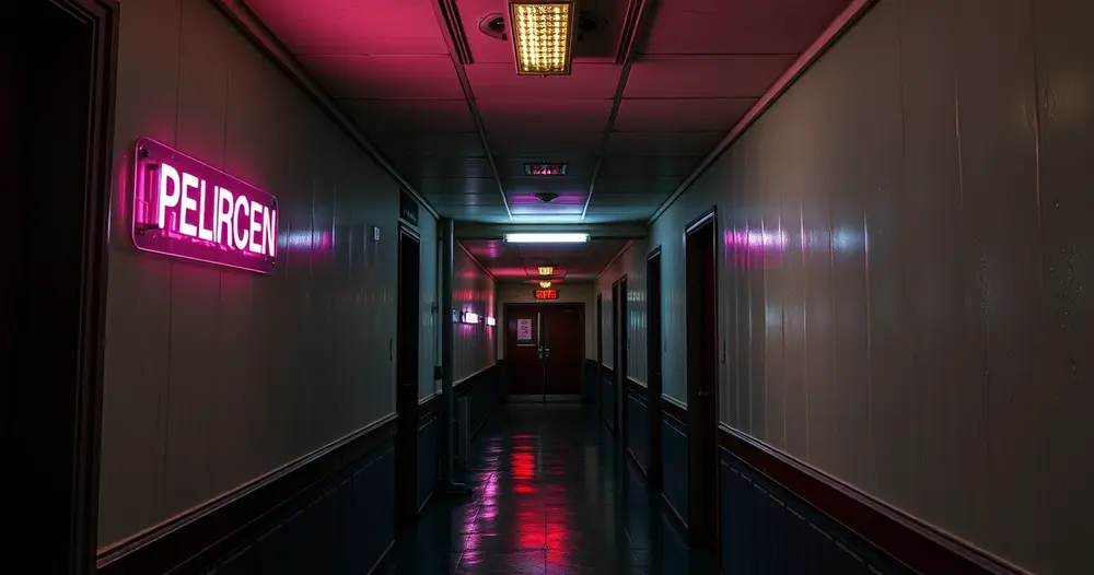 delegacia antiga com luz de neon e chuva na janela