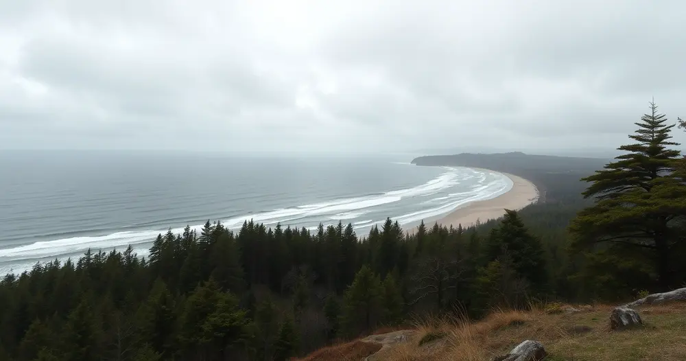 Praia cercada de mata vista de um mirante em dia nublado e com mar agitado