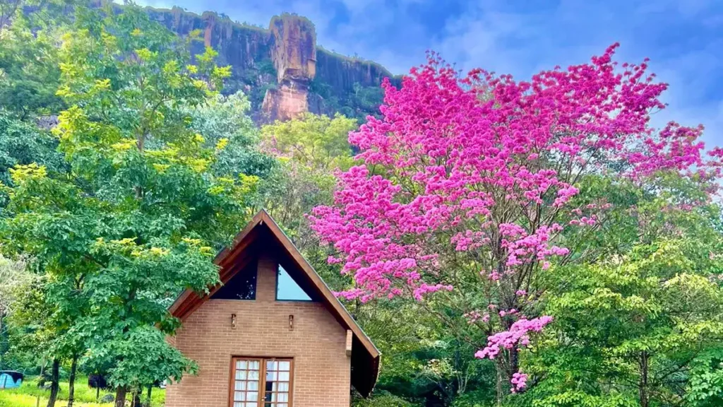 Chalé em Piraputanga: refúgio com cachoeira no paredão